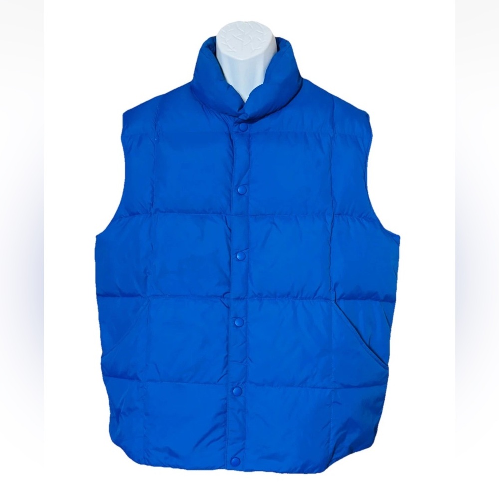 LANDS’ END Men’s Puffer Goose Down Vest Large 42/44 Blue Quilted Snap Closures